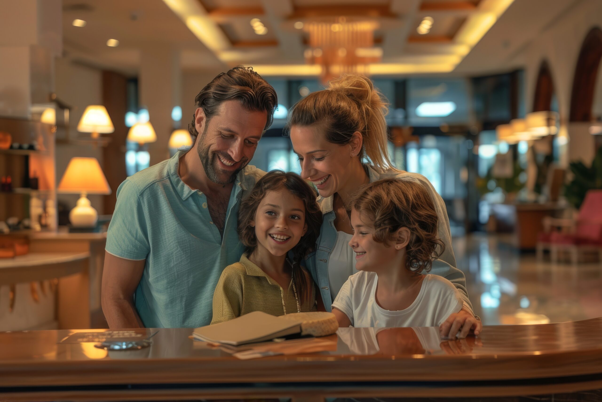 Szczęśliwa rodzina z dziećmi w hotelu, symbolizująca beztroski rodzinny weekend zaplanowany przez biuro concierge
